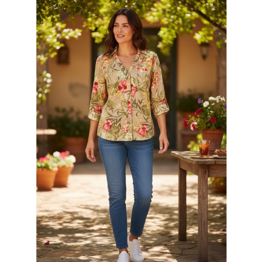 Vintage Jamaica Bay Three Quarter Sleeve Floral Button Down Size Large